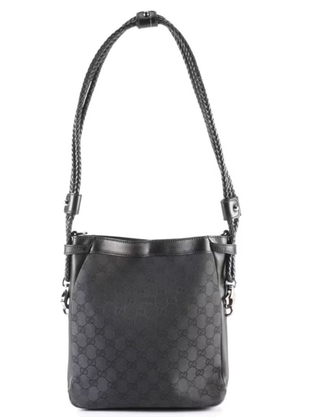 Gucci  Crossbody Bag in Black GG Canvas with Braided Leather Strap